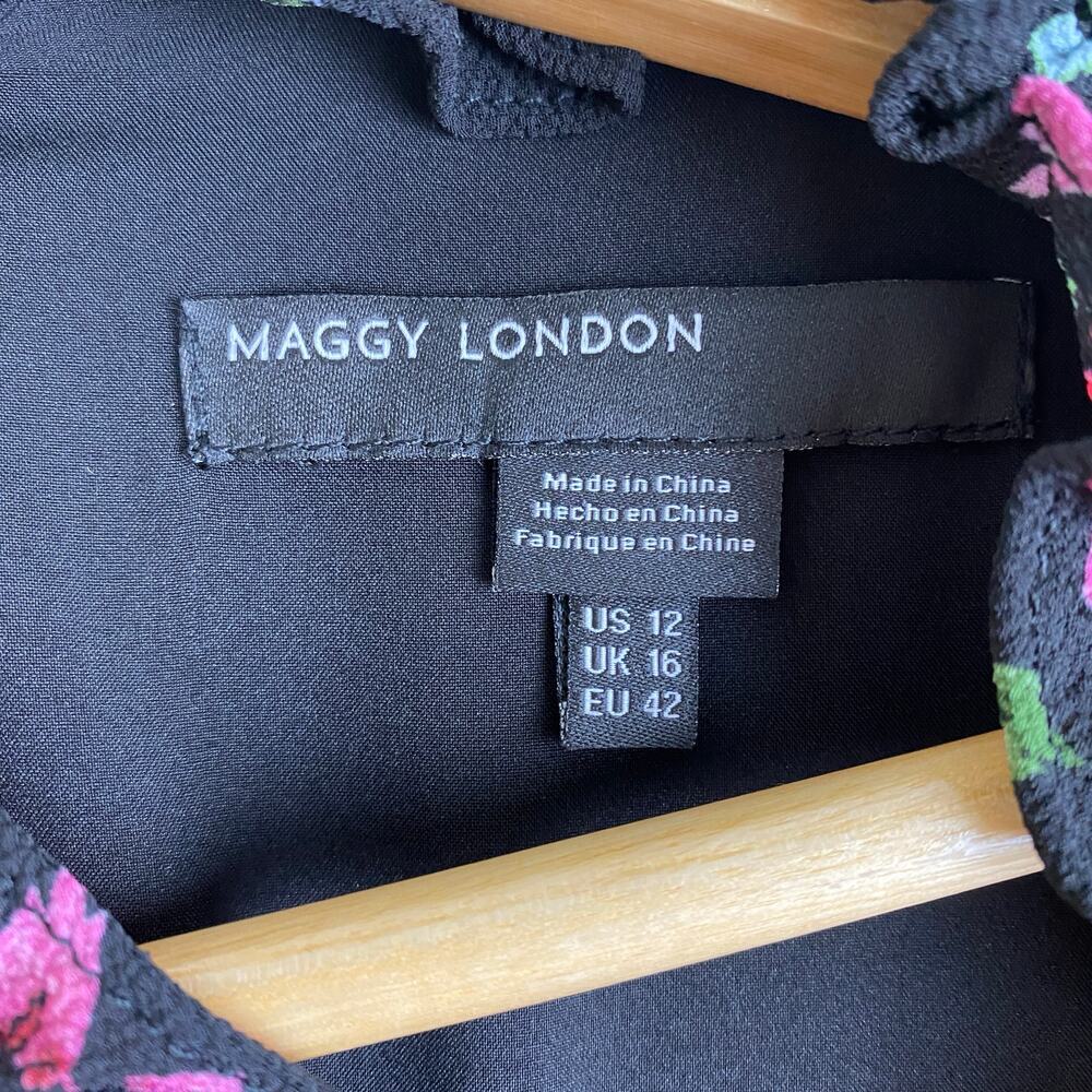 Maggy London Kiri Black Floral Midi Dress Long Sleeve A Line 12 - Picture 13 of 16